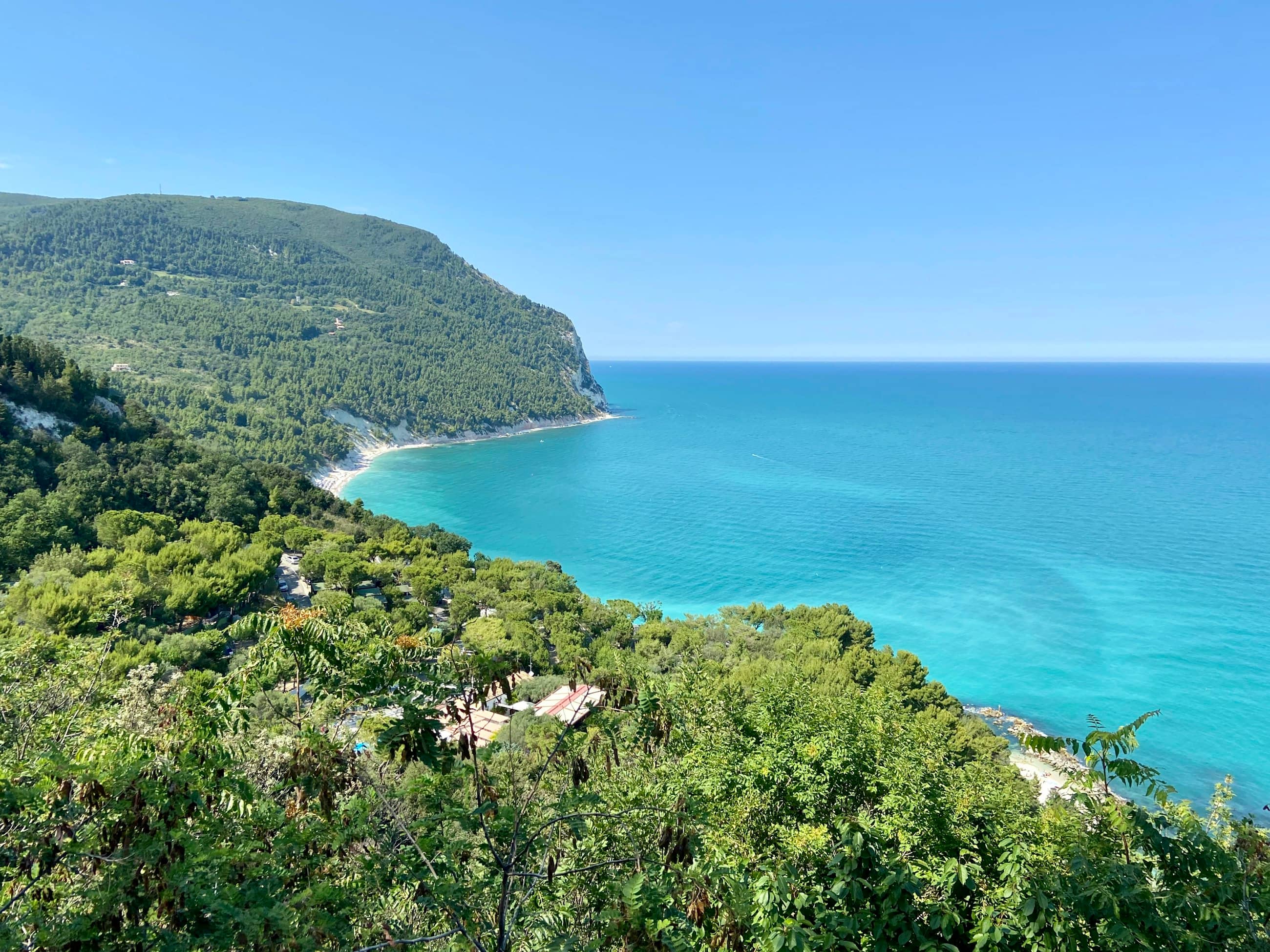 The wooded headland of Monte Conero dropping into clear blue sea, a strip of beach at the foot of the cliff.